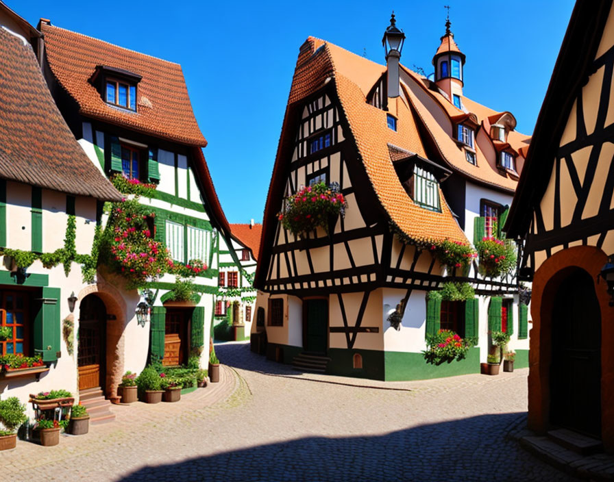 Picturesque European Village with Cobblestone Streets and Half-Timbered Houses