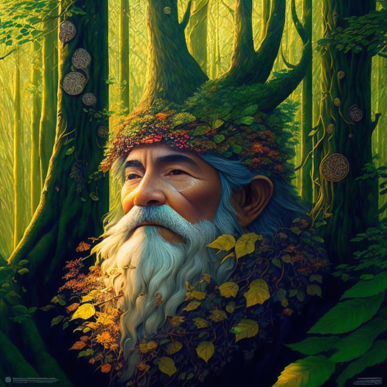 Elderly man with beard and foliage hat in enchanted forest illustration