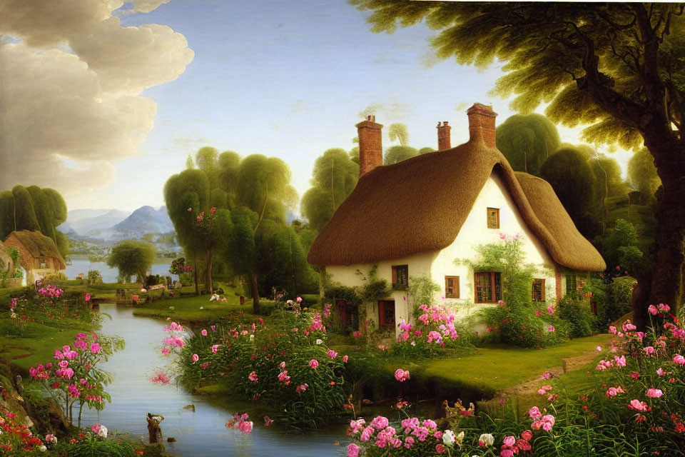 Thatched cottage by river with mountains and flowers