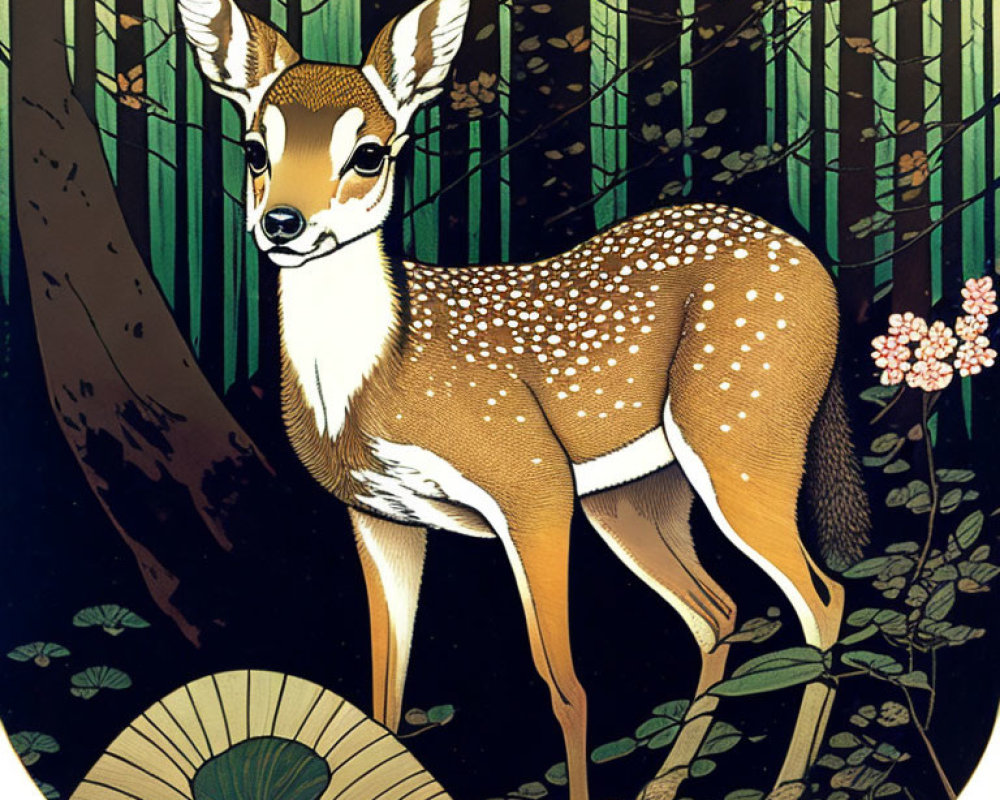 Stylized deer illustration in forest setting with circular border