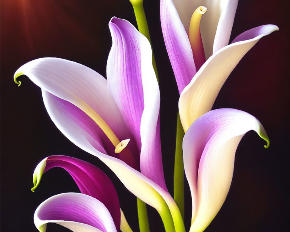 Vivid purple and white calla lilies on dark background with soft lighting
