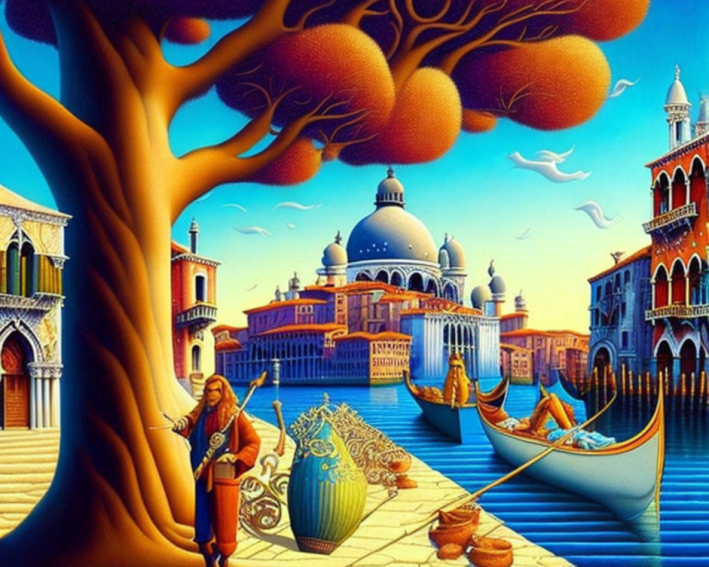 Colorful Venice Illustration with Oversized Tree, Gondolas, Violinist, and Se