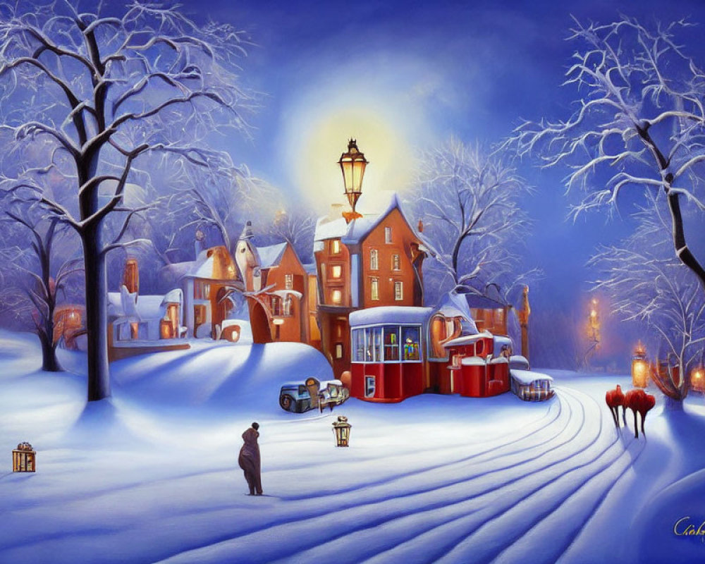 Snow-covered winter scene with glowing street lamp, vintage tram, houses, and trees under dusk sky