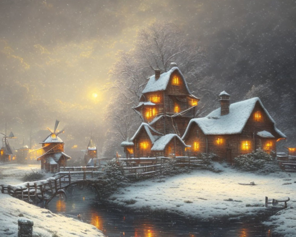 Snowy landscape: Cozy cottage and windmills at dusk