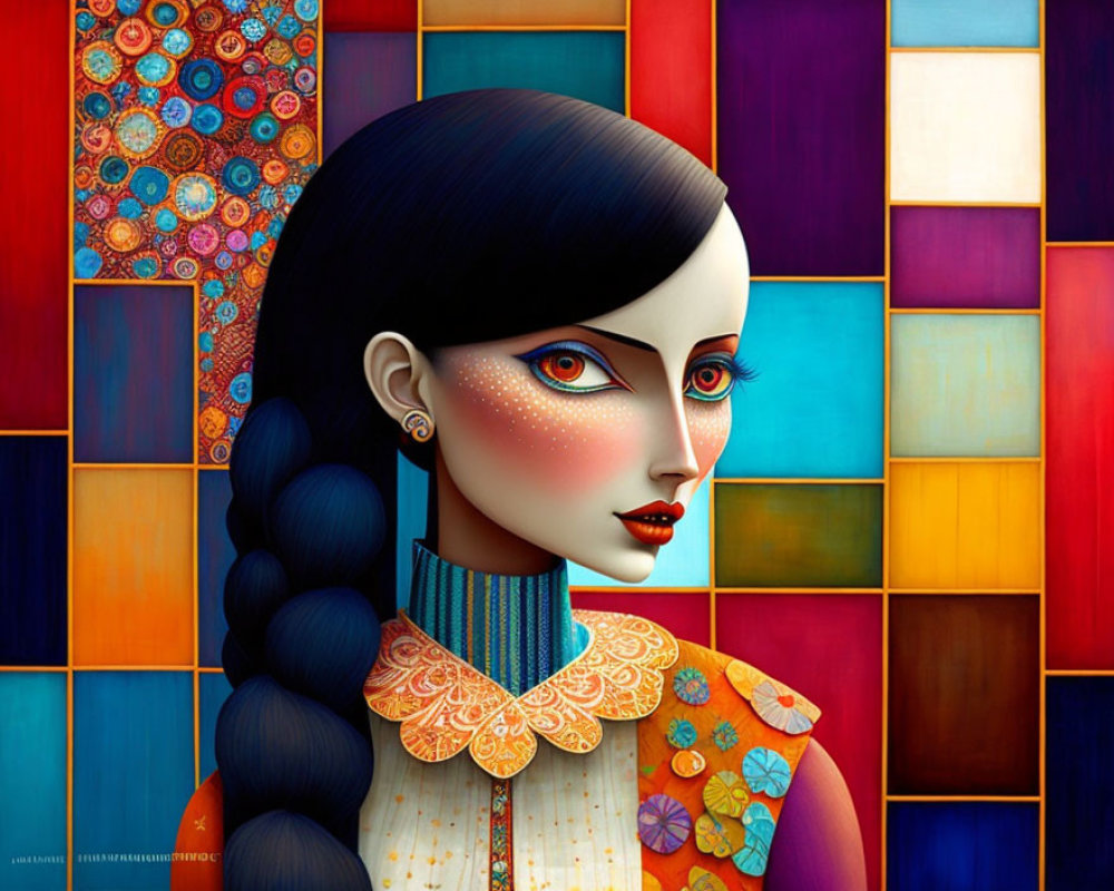 Colorful portrait of woman with long braid and vibrant makeup on geometric background