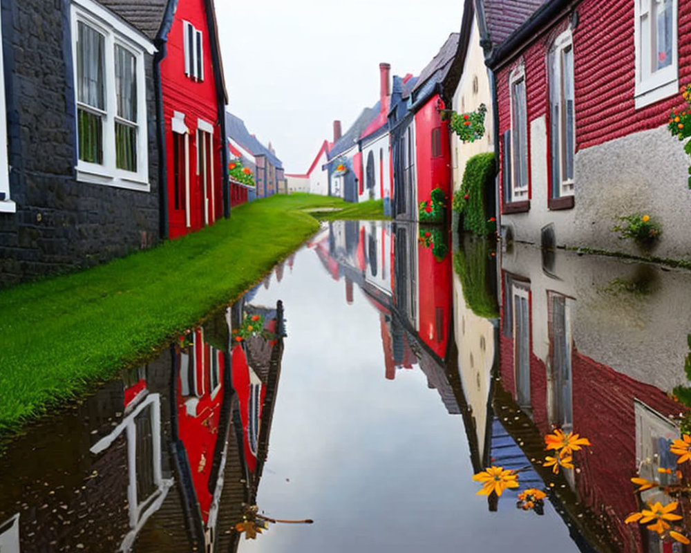Colorful houses reflected in puddle on wet path with green grass and flowers under cloudy sky