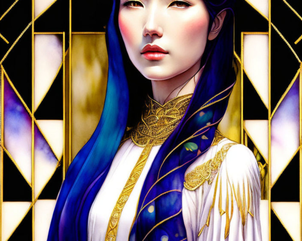 Digital artwork: Woman with blue hair in traditional attire against stained glass backdrop