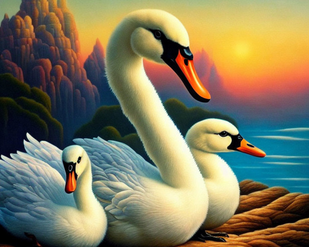Stylized swans on nest with vibrant sunset and colorful cliffs