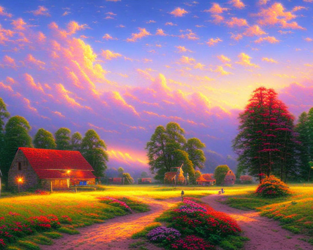 Scenic sunset landscape with cottage, greenery, flowers & path