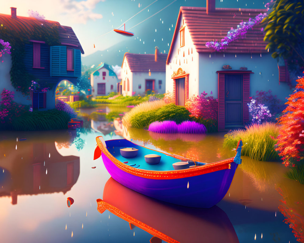 Colorful Village with River, Boat, and Lanterns at Sunset