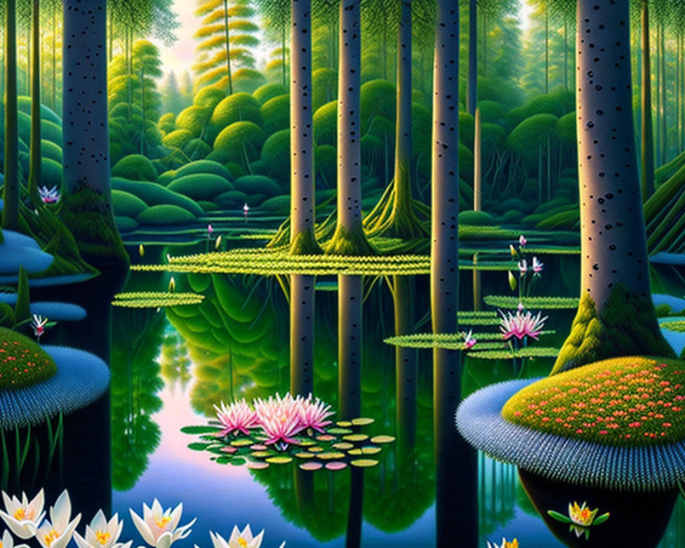 Colorful forest scene with reflective water, lily pads, and blooming flowers