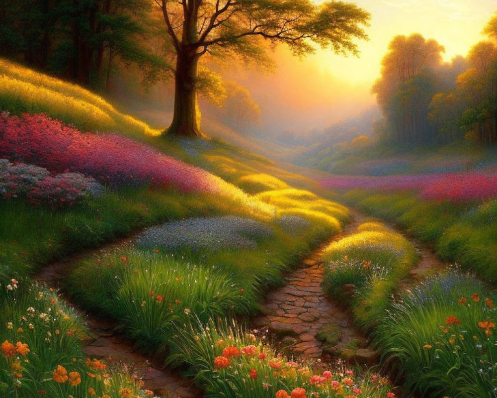 Sunset landscape with flower-filled path and trees