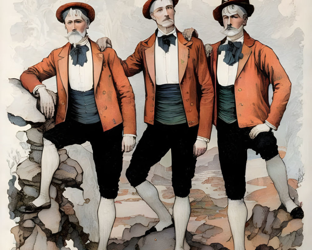 Three Men in Traditional Hunting Attire with Red Jackets, White Cravats, and Black Pants