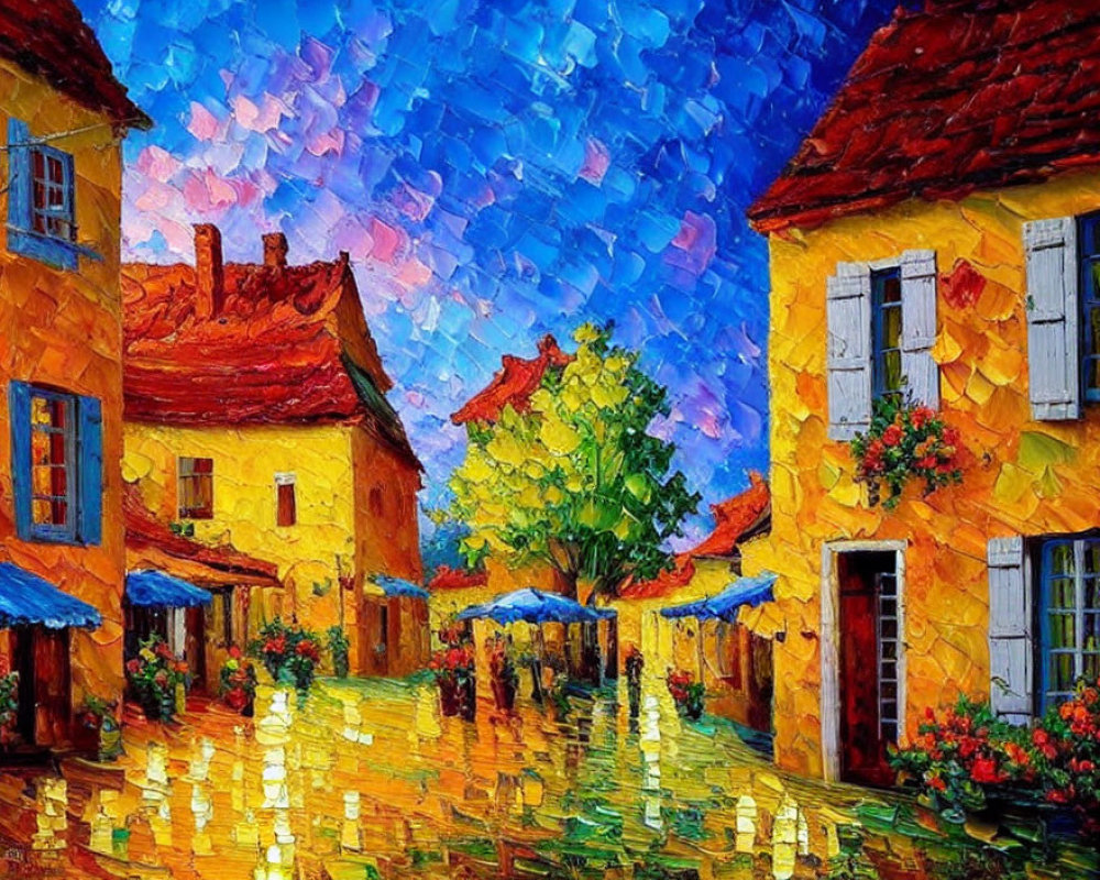 Colorful European Village Street Oil Painting with Cobblestone Path