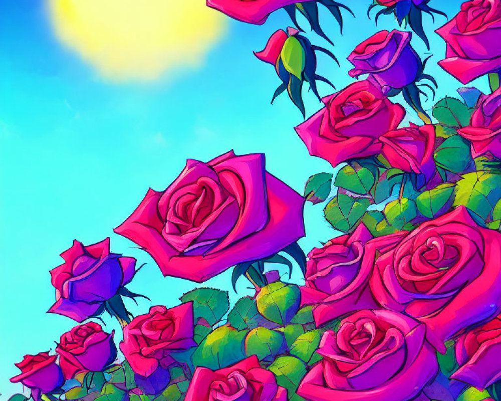 Colorful pink and purple roses on a blue sky background with a yellow sun