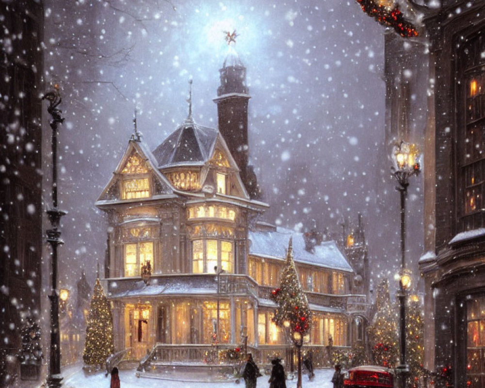 Victorian-style building with Christmas lights, snowfall, pedestrians, and classic car at night