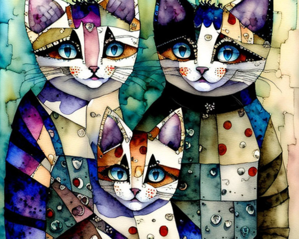 Vibrant watercolor illustration of three patchwork-style cats
