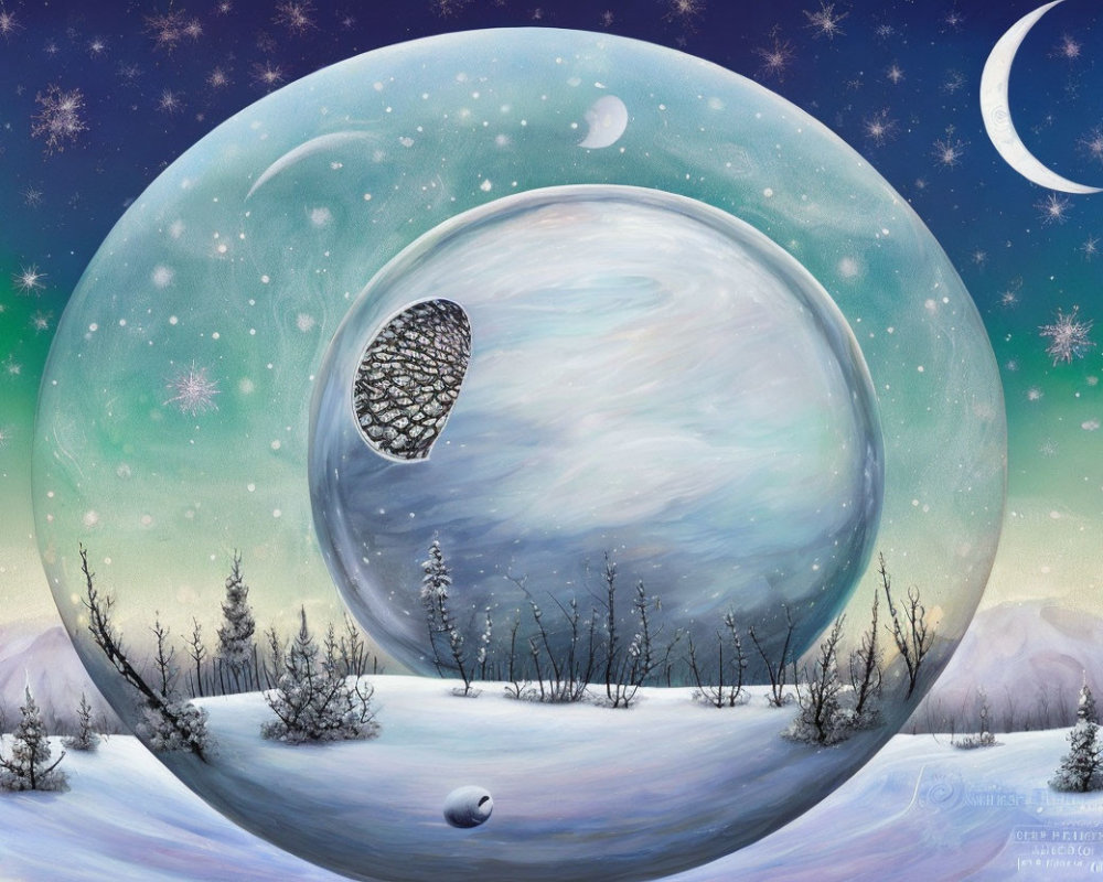 Surreal winter landscape with moon, portal, and snow-covered trees