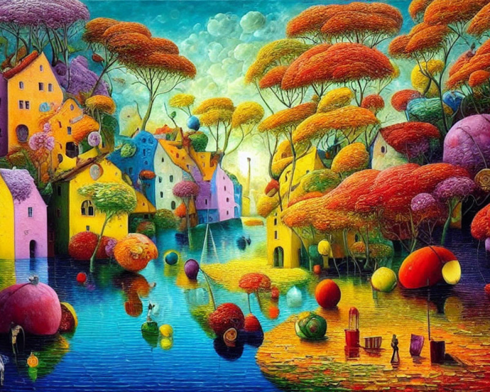Whimsical village painting with mushroom trees and starry sky
