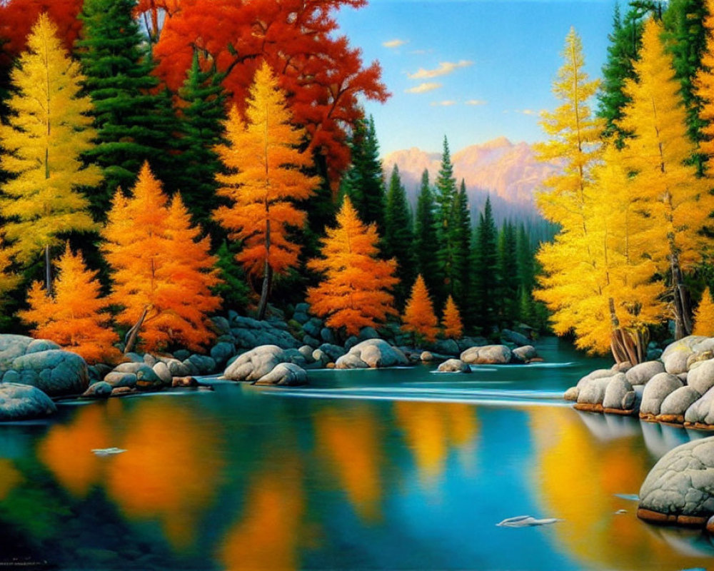 Tranquil river with autumn trees and rocky banks