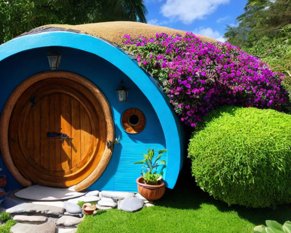 Circular wooden door, blue walls, lush green roof with purple flowers - vibrant hobbit-style house in