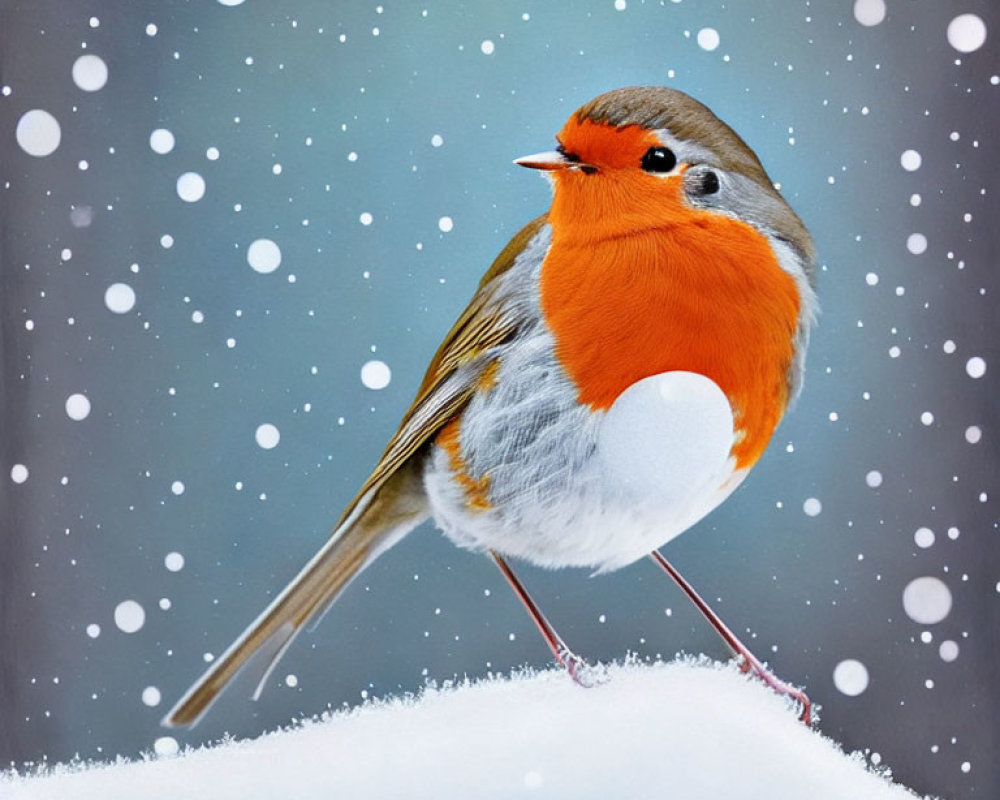 Colorful robin in snowfall on blue background