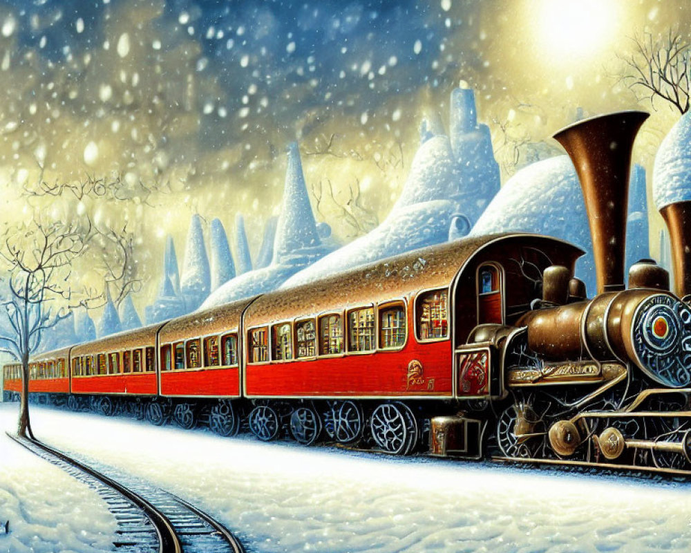Vintage Red Train on Snow-Covered Tracks in Starry Night Sky