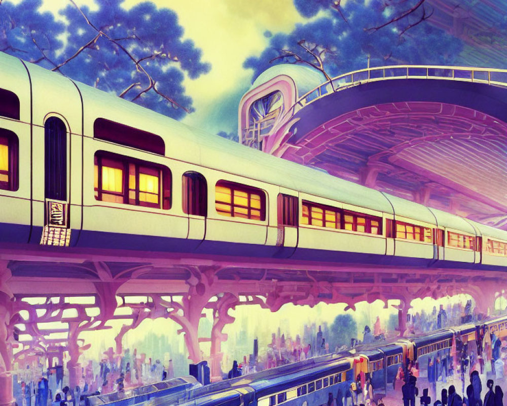 Busy futuristic train station with sleek trains and purple sky