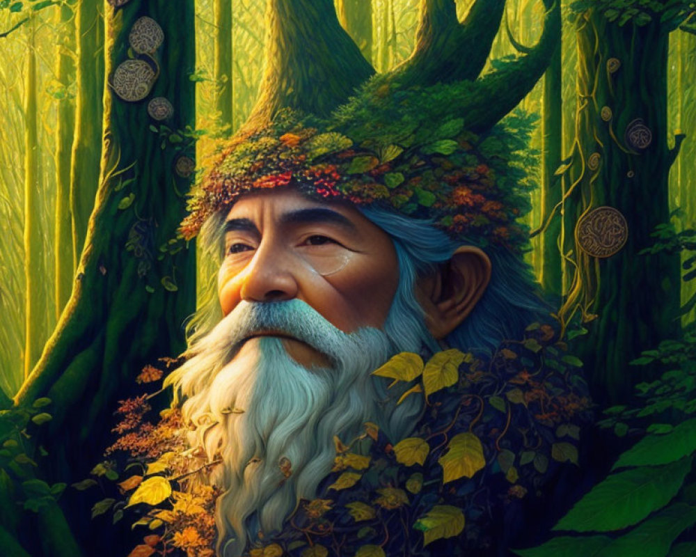 Elderly man with beard and foliage hat in enchanted forest illustration