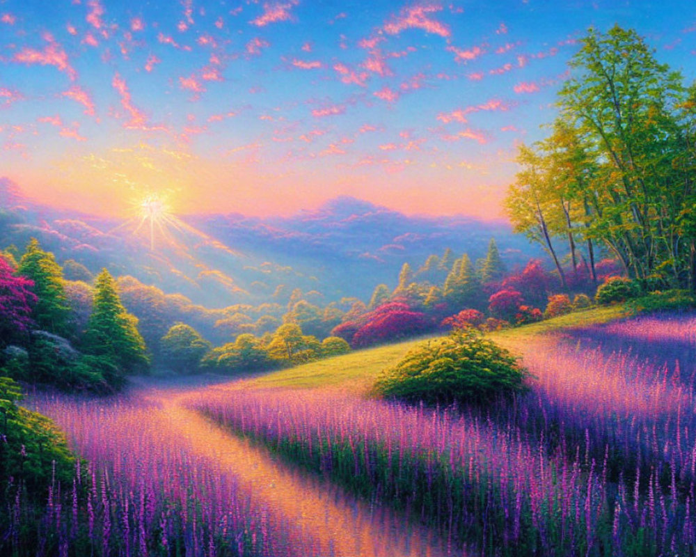 Colorful Sunset Over Purple Flower Fields and Green Trees