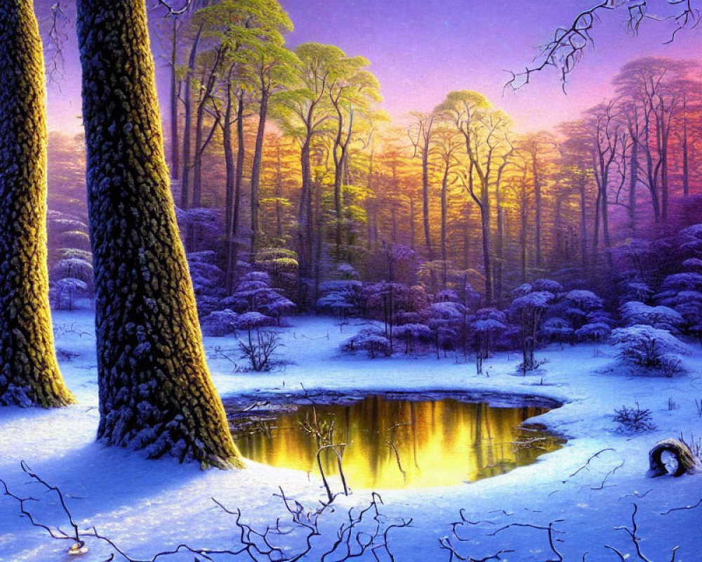 Snow-covered winter forest with illuminated pond and tall trees at twilight