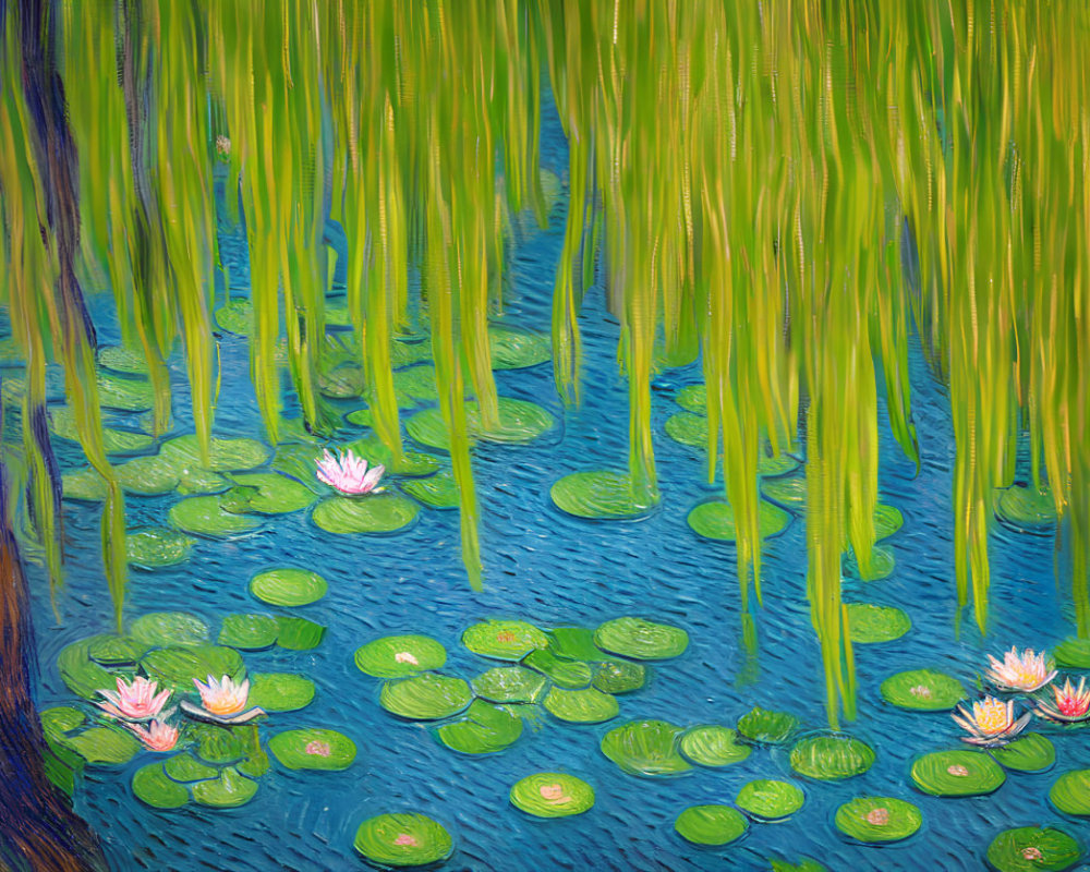 Colorful painting of a pond with lily pads, water lilies, willow branches, and