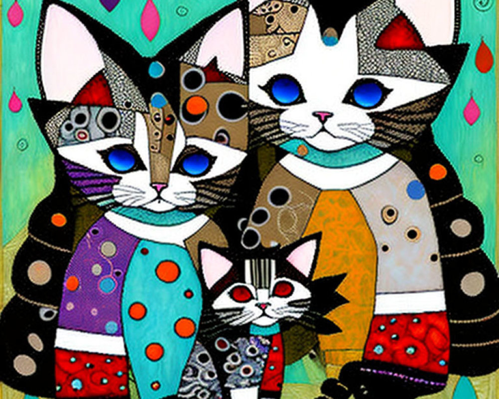 Colorful Patchwork Cats Painting on Teal Background