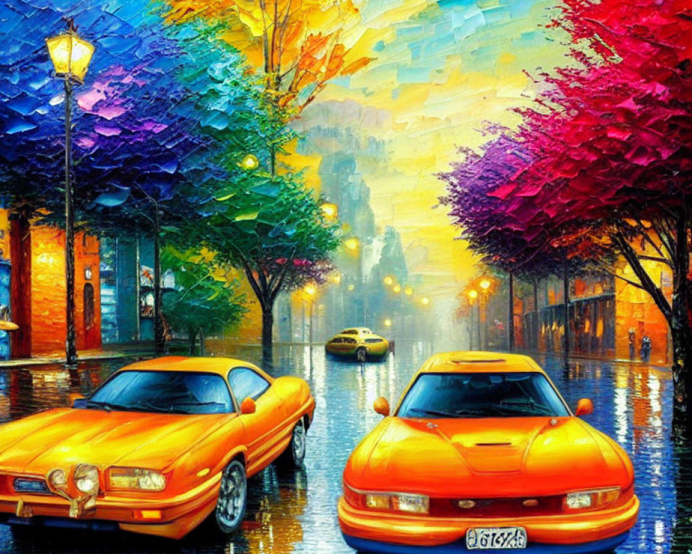 Colorful Painting of Two Sports Cars on Rainy Street with Autumn Trees