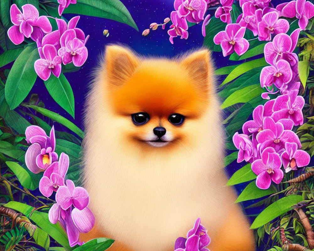 Fluffy Pomeranian with Purple Orchids in Jungle Night Sky