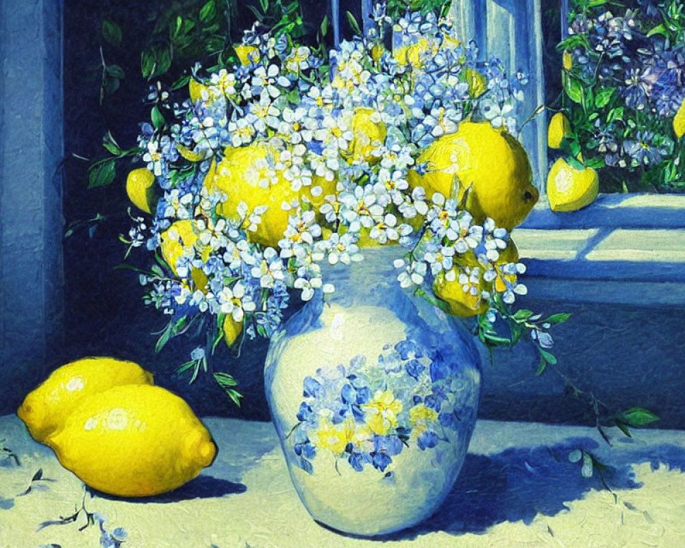 Still life painting: blue and white vase with lemons and blooms on a ledge