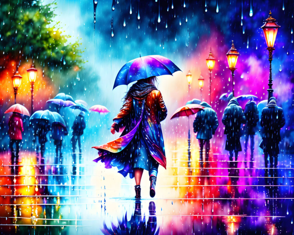 Colorful Painting of Person with Umbrella on Rainy Street