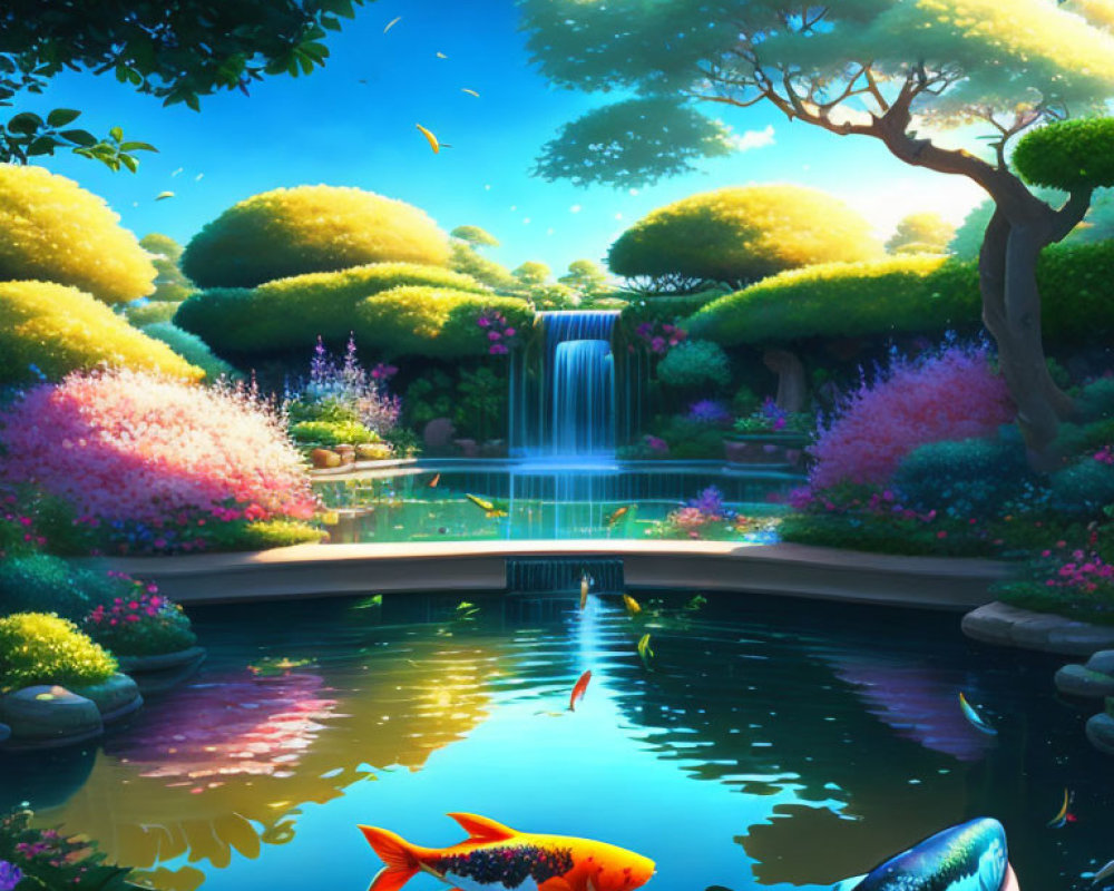 Colorful garden scene with trees, waterfall, flowers, and koi fish pond