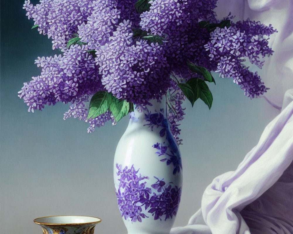 Purple lilacs bouquet in blue and white vase with gold cup on lavender backdrop