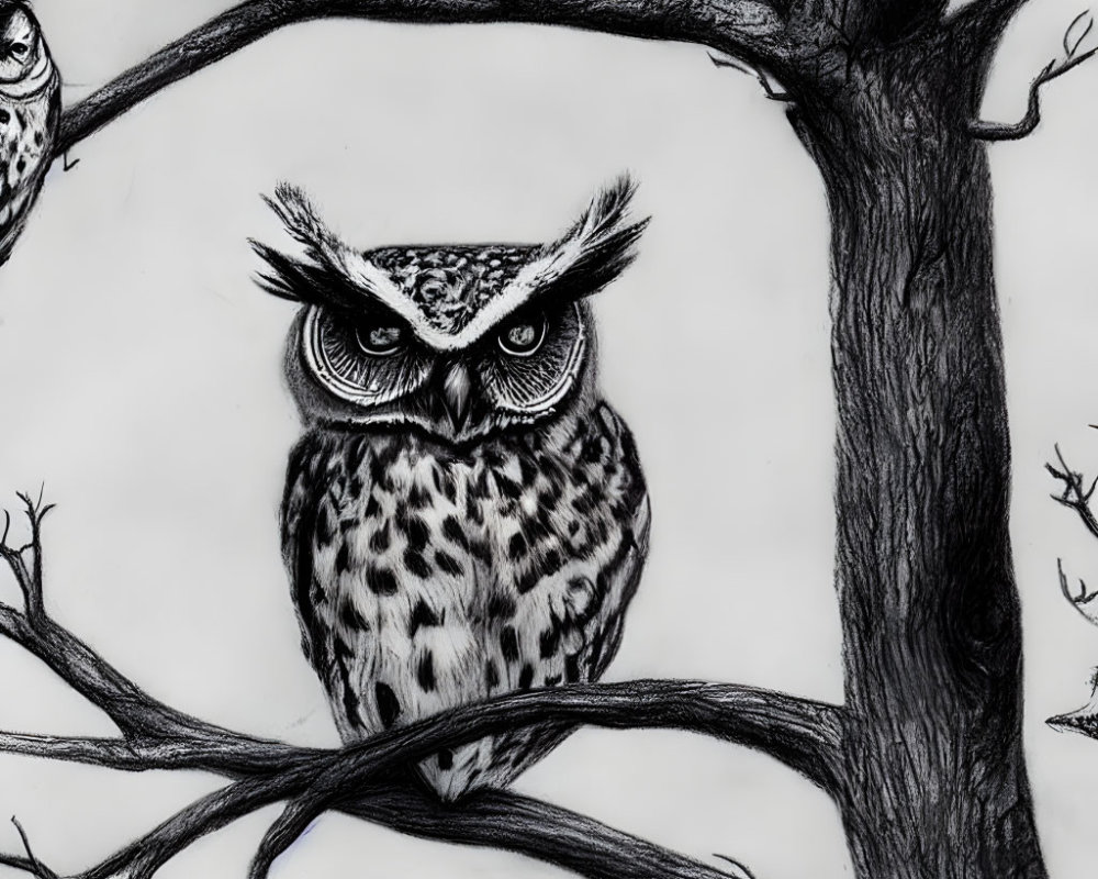 Detailed Monochromatic Owl Drawing on Tree Branch