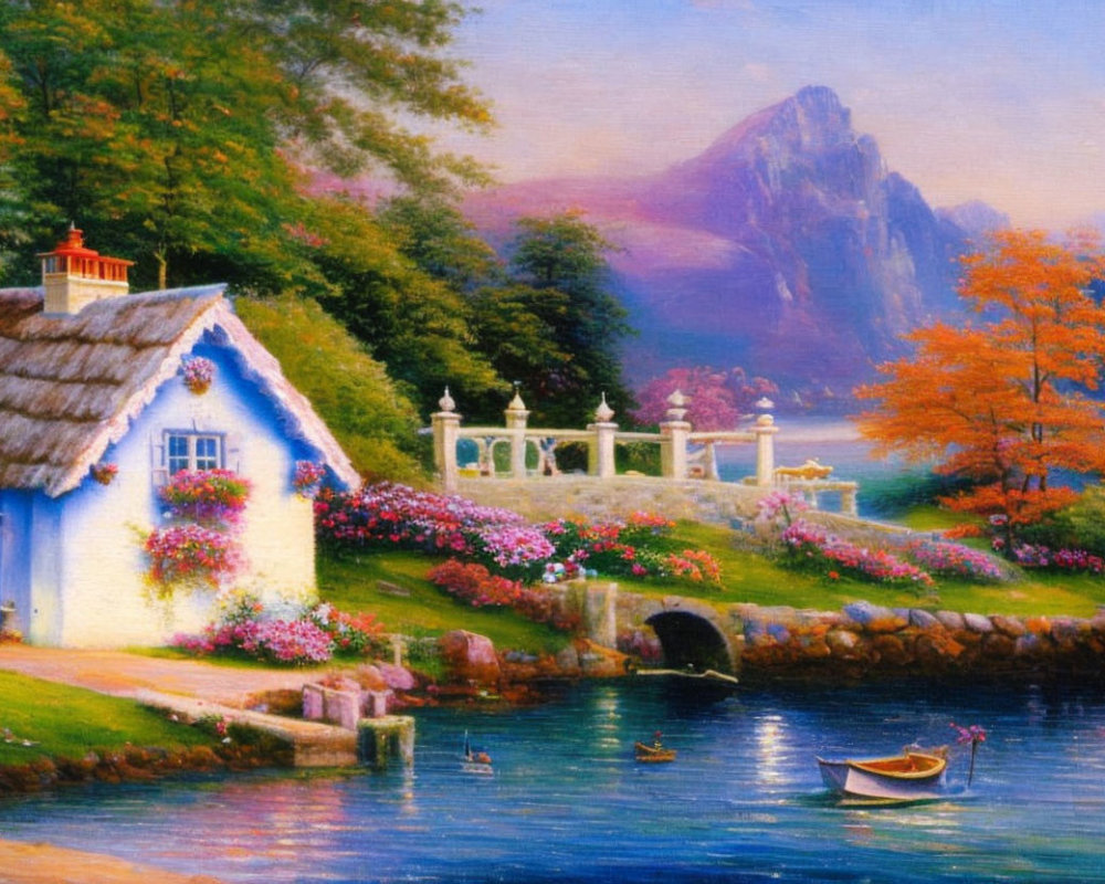 Tranquil landscape with cottage, lake, rowboat, and mountains