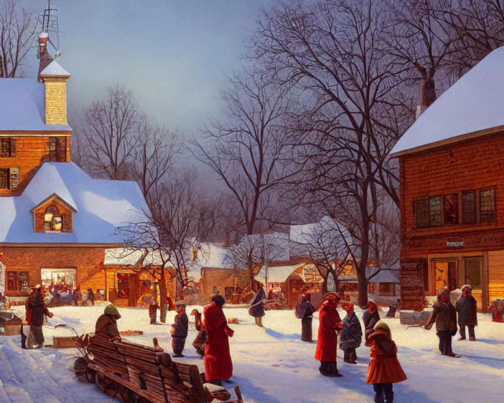 Winter Village Square Scene with Snow-Covered Roofs & Glowing Lights