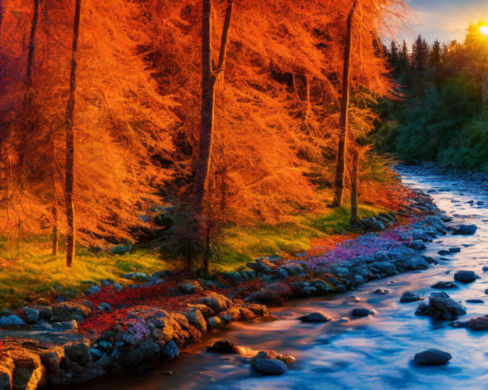 Vibrant Autumn Forest at Sunset by Serene River
