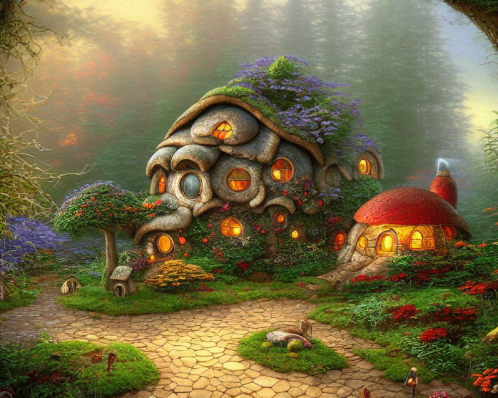 Fantasy Cottage with Mushroom Structures and Lush Gardens