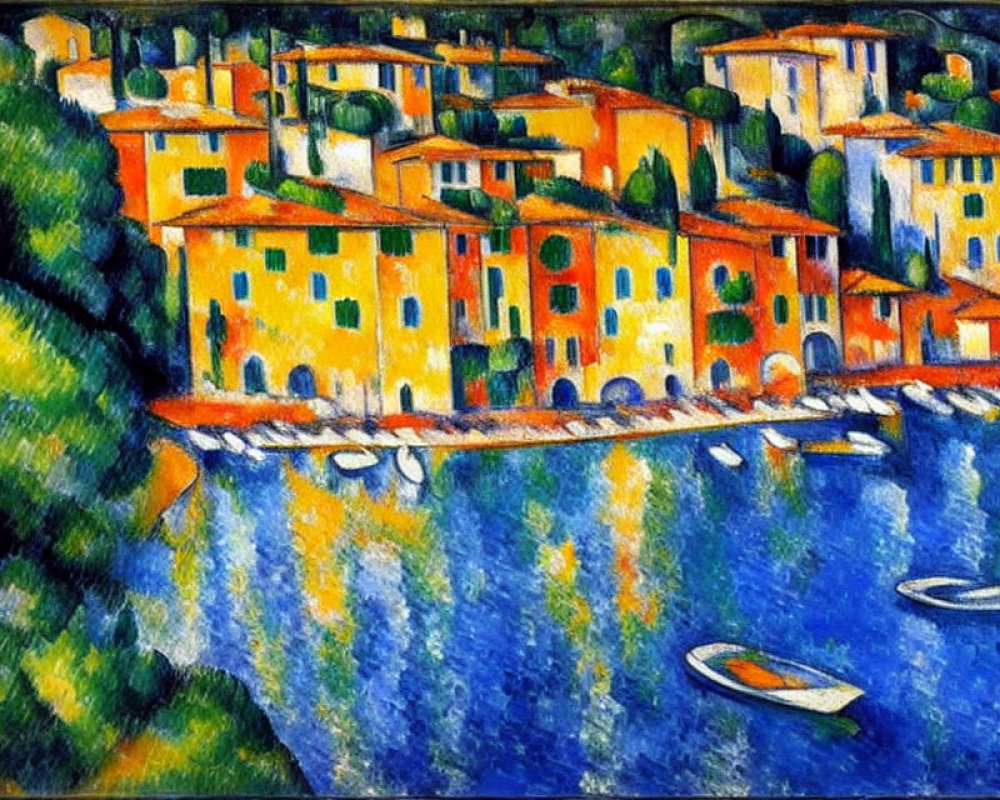 Vibrant Expressionist Painting of Waterfront Village