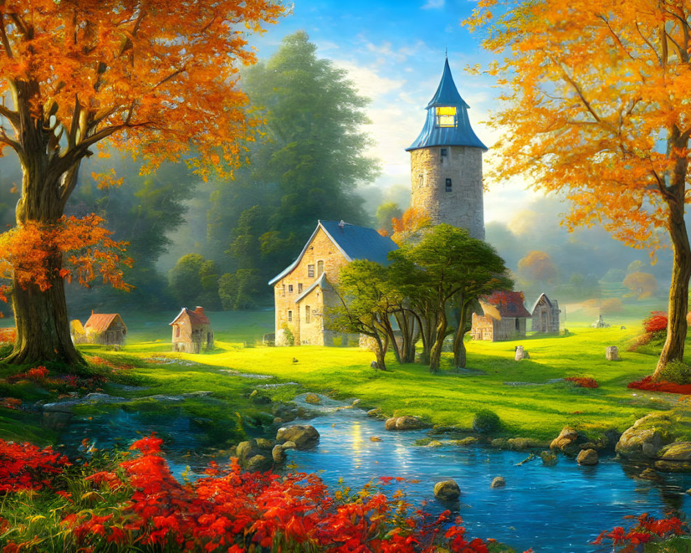 Tranquil rural landscape with old stone tower, cottage, autumn trees, and flowing river