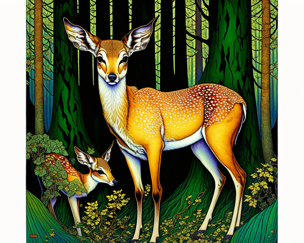 Detailed illustration of two deer in stylized forest landscape