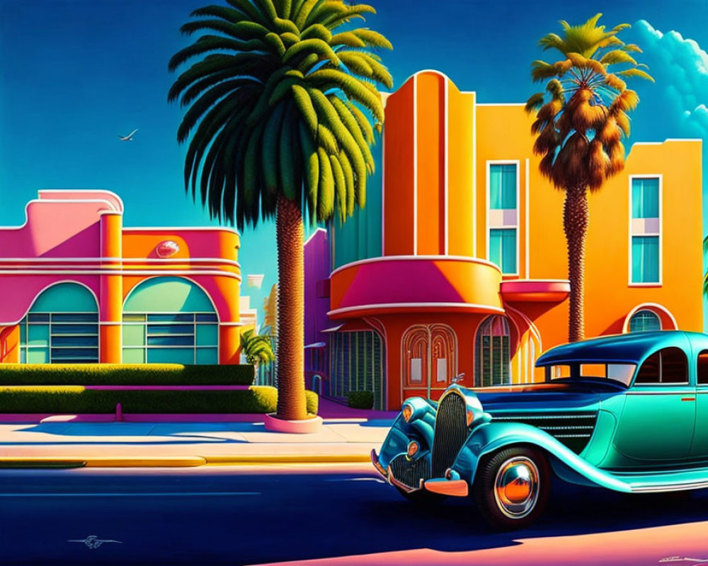 Colorful Art Deco cityscape with palm trees and classic car under blue sky