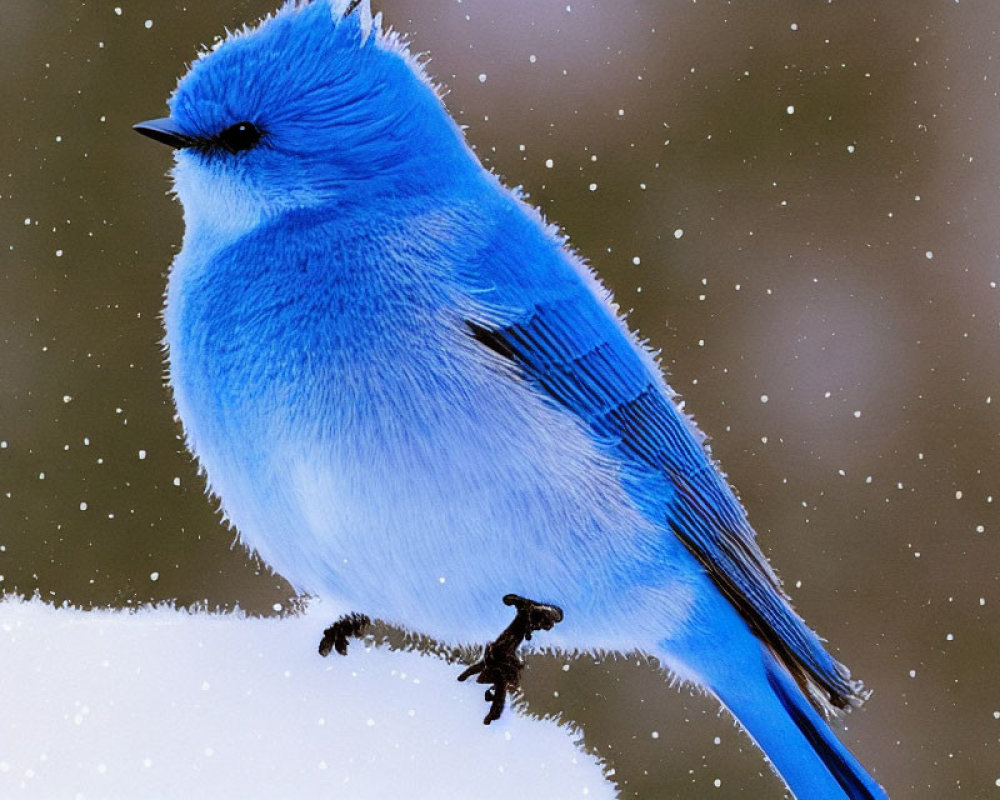 Blue bird on snowy branch with falling snowflakes