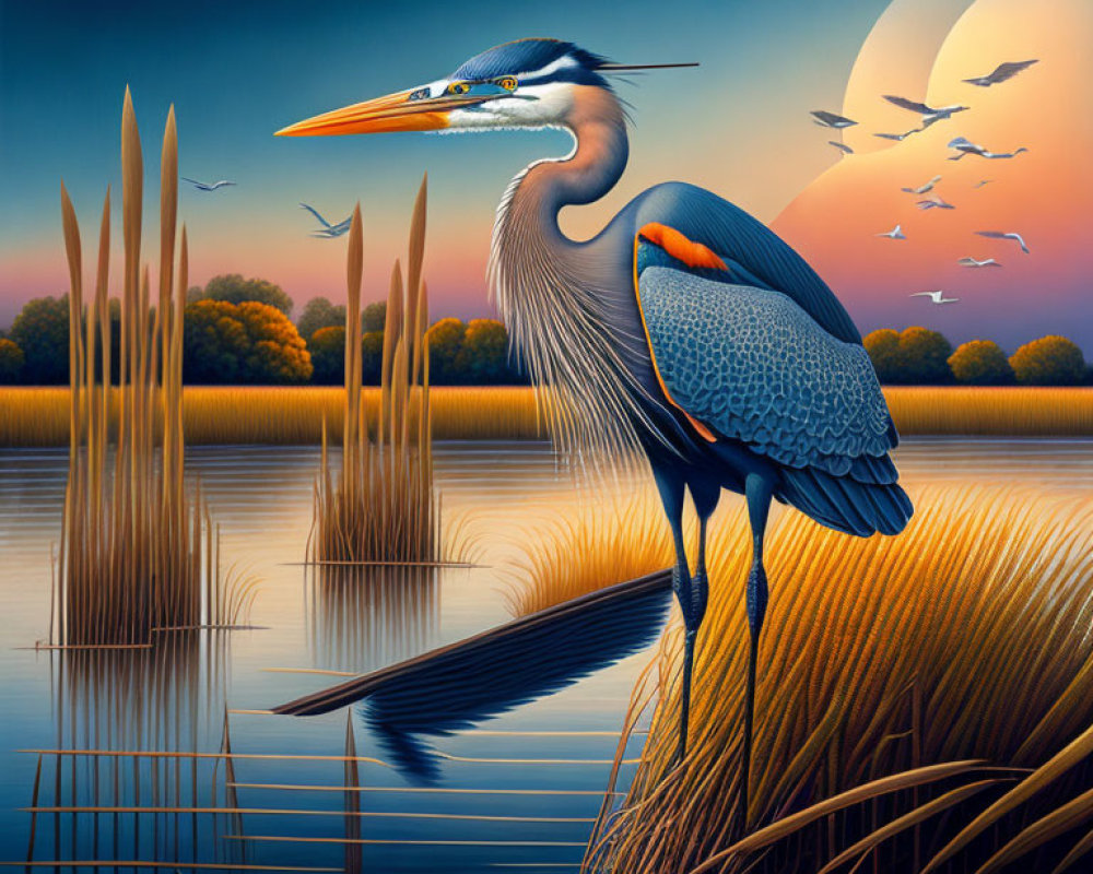 Majestic heron by water's edge at sunset with full moon and flying birds